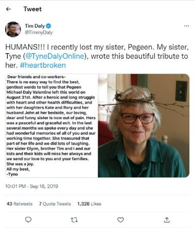 Tim Daly announcing the passing of Pegeen Daly. 